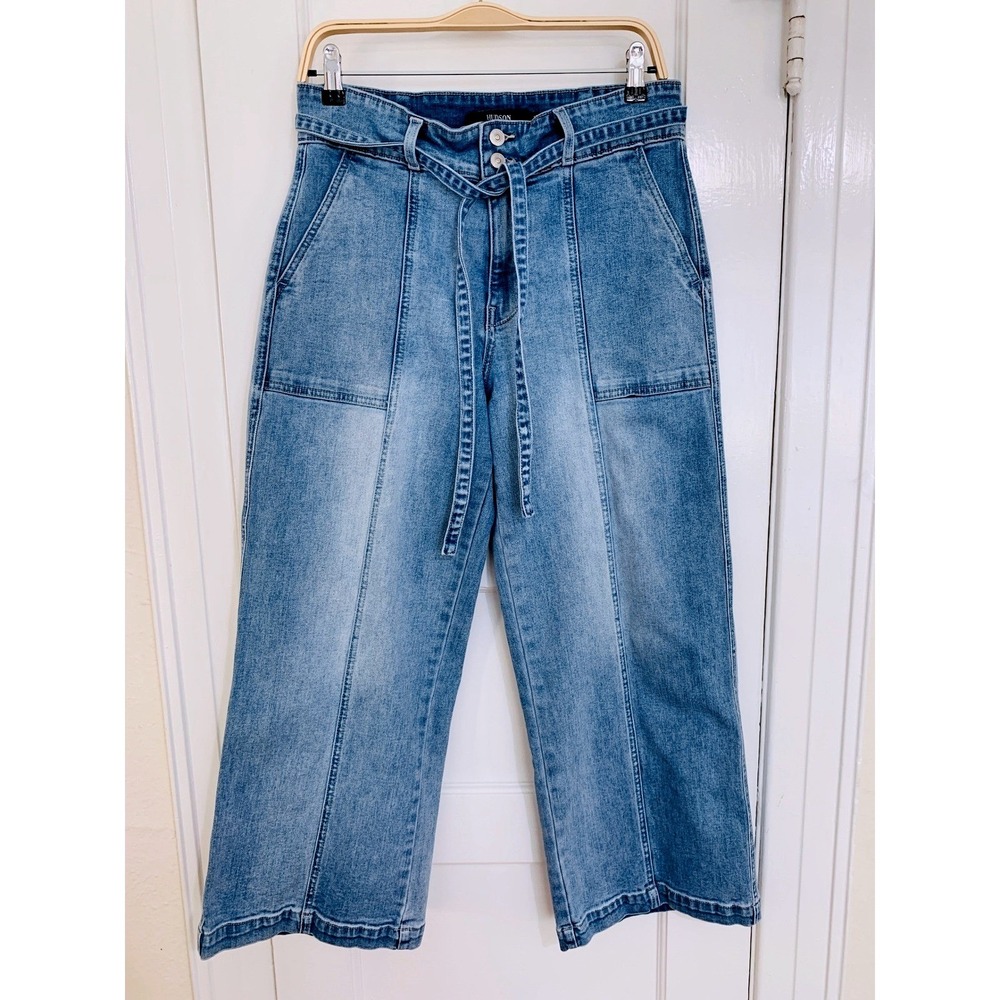 Hudson Cropped High Waist Tie Waist Wide Leg Jeans Medium Blue Size 10 30 - Picture 2 of 16
